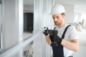 A drywall installation contractor near Kendall FL using a drill on a construction site, focused on precise drywall work.